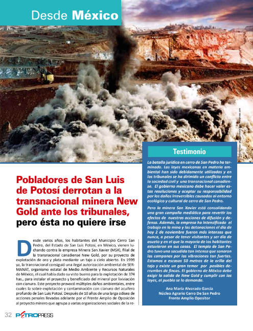 Petropress 17 | Pobladores de San Luis de Potosí derrotan a la transnacional minera New Gold ante los tribunales pero ésta no quiere irse