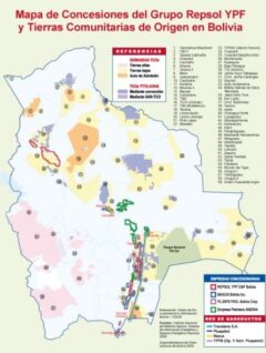 Mapa de concesiones del grupo Repsol YPF y Tierras Comunitarias de Origen en Bolivia