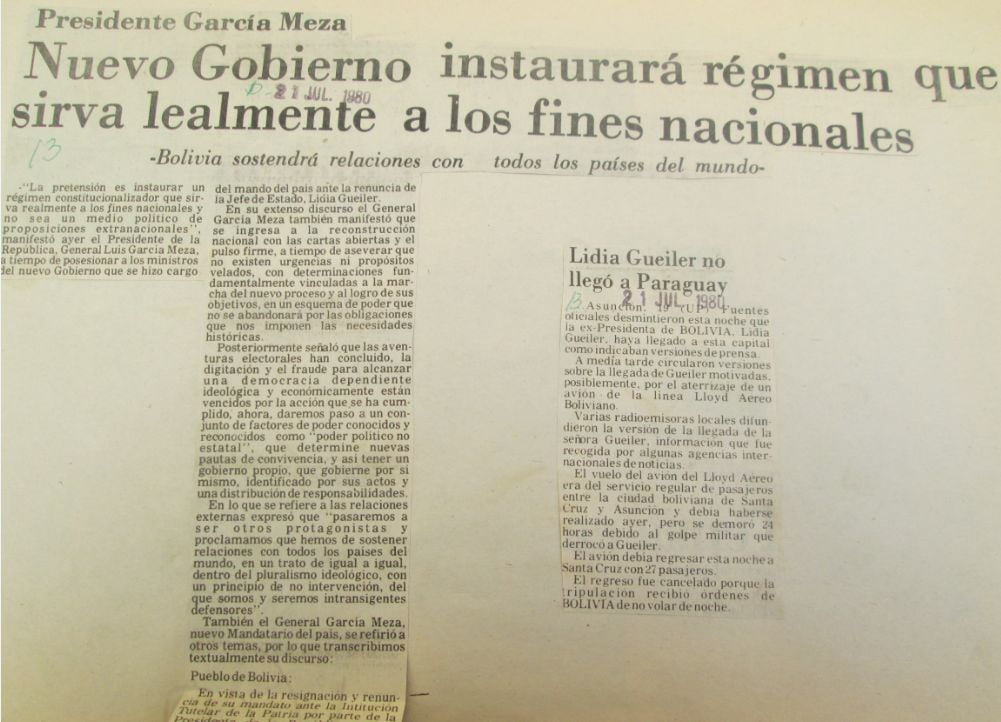 Presidente García Meza. Nuevo gobierno instaurará régimen que sirva lealmente a los fines nacionales (El Diario, 21.07.80) Presidente García Meza. Nuevo gobierno instaurará régimen que sirva lealmente a los fines nacionales (El Diario, 21.07.80)