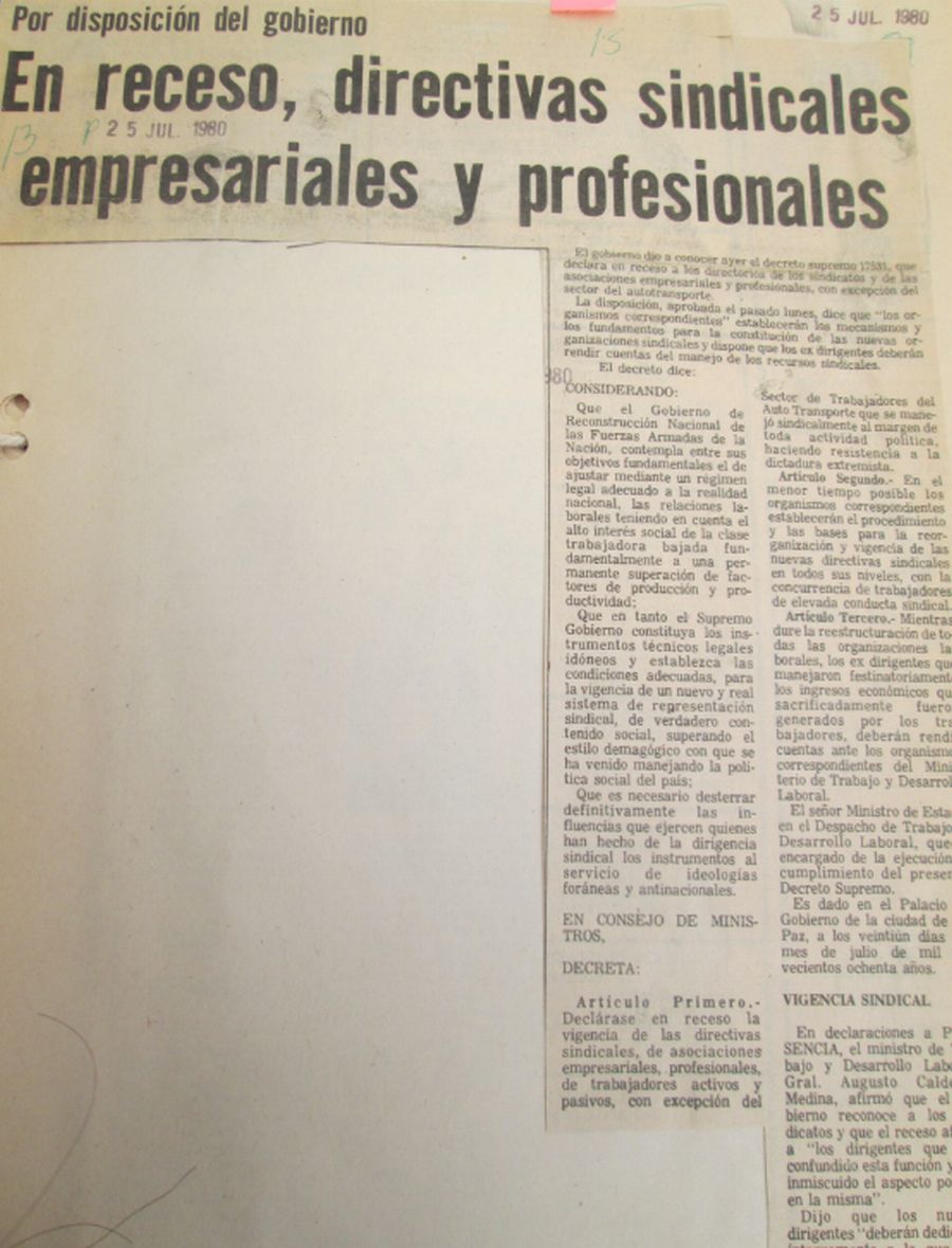 Por disposición del gobierno. En receso, directivas sindicales empresariales y profesionales (Presencia, 25.07.1980) Por disposición del gobierno. En receso, directivas sindicales empresariales y profesionales (Presencia, 25.07.1980)
