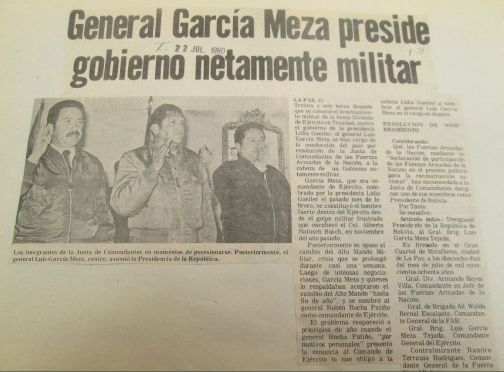 General García Meza preside gobierno netamente militar (Los Tiempos, 22.07.13) General García Meza preside gobierno netamente militar (Los Tiempos, 22.07.13)
