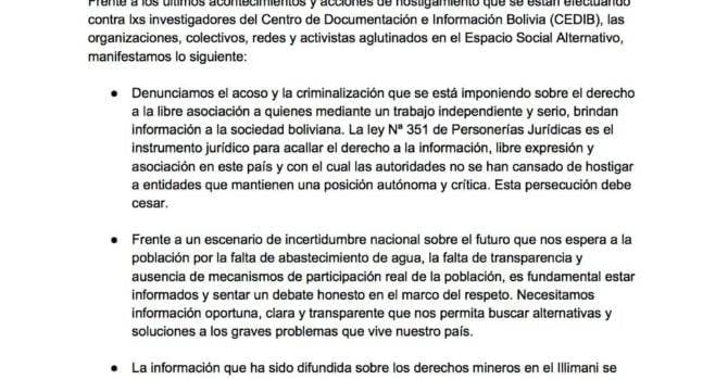 Pronunciamiento del Espacio Social Alternativo en Solidaridad con el Centro de Documentación e Información Bolivia – CEDIB Pronunciamiento del Espacio Social Alternativo en Solidaridad con el Centro de Documentación e Información Bolivia – CEDIB
