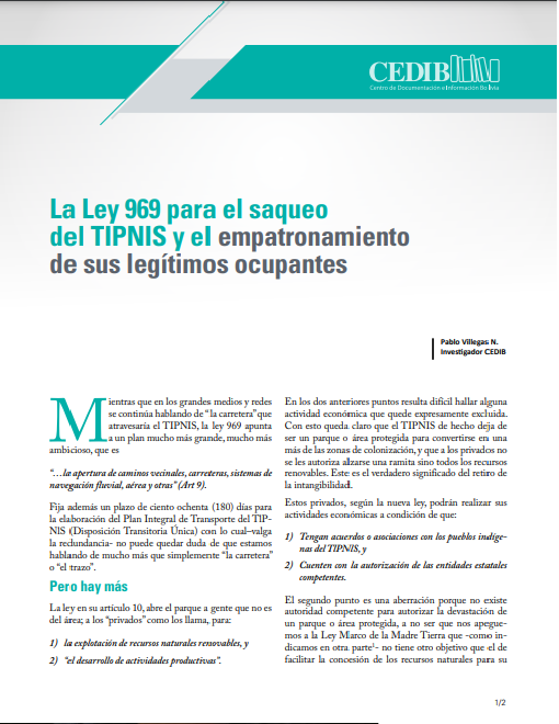 La Ley 969 para el saqueo del TIPNIS y el empatronamiento de sus legítimos ocupantes