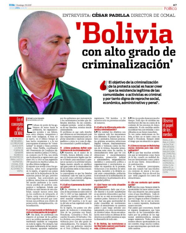 ‘Bolivia con alto grado de criminalización’ (El Día, 17.9.17) ‘Bolivia con alto grado de criminalización’ (El Día, 17.9.17)