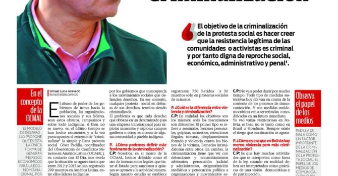 ‘Bolivia con alto grado de criminalización’ (El Día, 17.9.17) ‘Bolivia con alto grado de criminalización’ (El Día, 17.9.17)