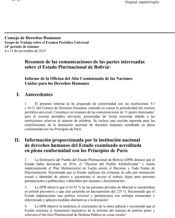 Recomendaciones del Alto Comisionado de la ONU para el examen sobre DDHH a Bolivia Recomendaciones del Alto Comisionado de la ONU para el examen sobre DDHH a Bolivia