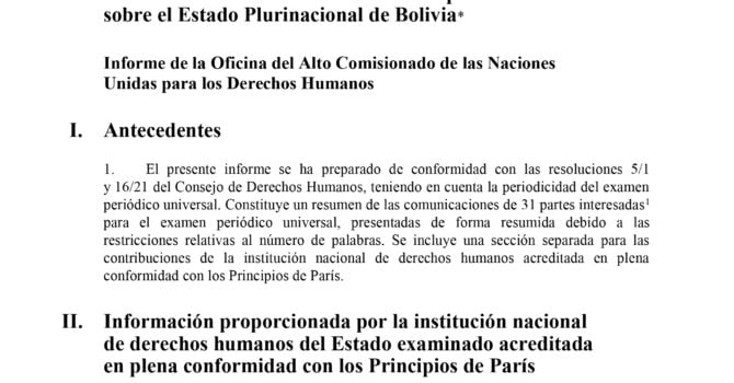 Recomendaciones del Alto Comisionado de la ONU para el examen sobre DDHH a Bolivia Recomendaciones del Alto Comisionado de la ONU para el examen sobre DDHH a Bolivia