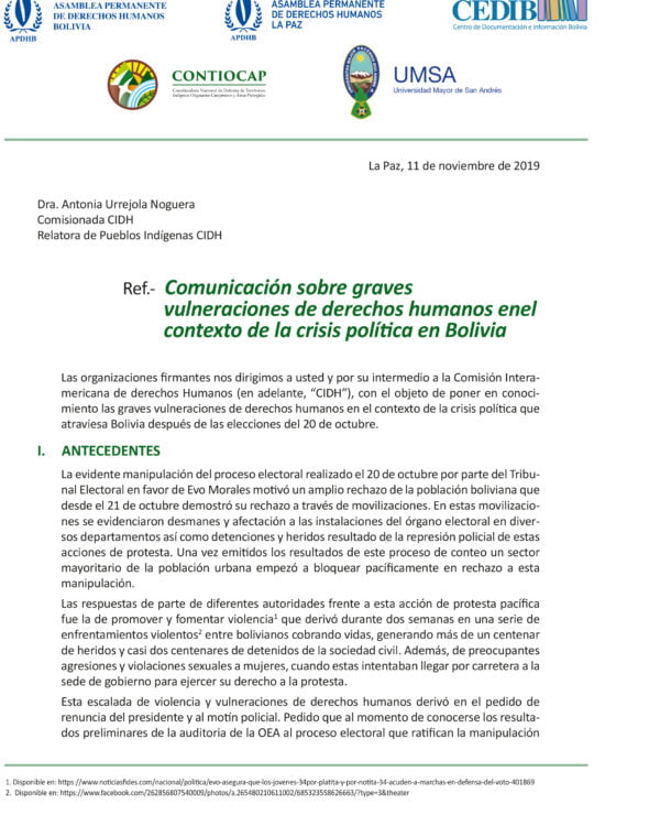 Comunicación sobre Graves vulneraciones de derechos humanos en el contexto de la crisis política en Bolivia (11.11.19) Comunicación sobre Graves vulneraciones de derechos humanos en el contexto de la crisis política en Bolivia (11.11.19)