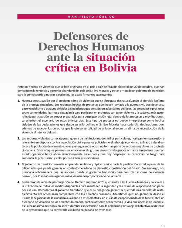 Defensores de Derechos Humanos ante la situación crítica en Bolivia (19-11-19) Defensores de Derechos Humanos ante la situación crítica en Bolivia (19-11-19)