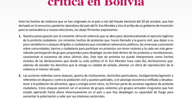 Defensores de Derechos Humanos ante la situación crítica en Bolivia (19-11-19) Defensores de Derechos Humanos ante la situación crítica en Bolivia (19-11-19)