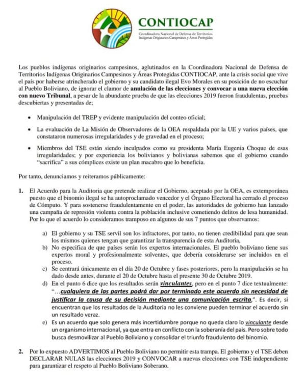 Pronunciamiento plataforma Agroecológica del trópico, subtrópico y Chaco ante crisis política (27.10.19) Pronunciamiento plataforma Agroecológica del trópico, subtrópico y Chaco ante crisis política (27.10.19)