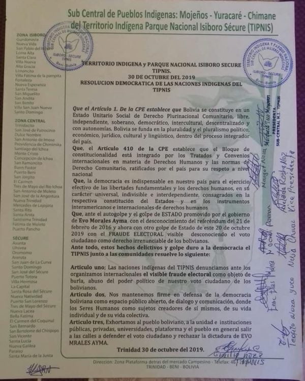 Pronunciamiento indígenas TIPNIS sobre crisis en Bolivia (30.10.19) Pronunciamiento indígenas TIPNIS sobre crisis en Bolivia (30.10.19)