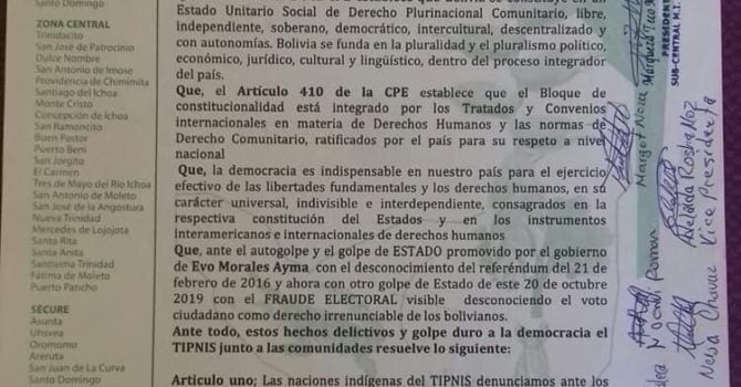 Pronunciamiento indígenas TIPNIS sobre crisis en Bolivia (30.10.19) Pronunciamiento indígenas TIPNIS sobre crisis en Bolivia (30.10.19)