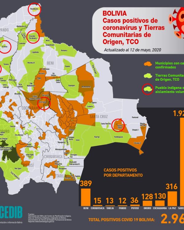 Mapa casos positivos de coronavirus y Tierras Comunitarias de Origen, TCOs (12.5.20) Mapa casos positivos de coronavirus y Tierras Comunitarias de Origen, TCOs (12.5.20)