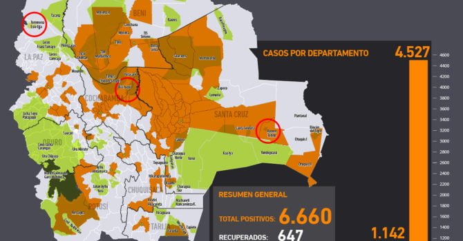 Mapa casos positivos de coronavirus y Tierras Comunitarias de Origen, TCOs (20.5.20) Mapa casos positivos de coronavirus y Tierras Comunitarias de Origen, TCOs (20.5.20)
