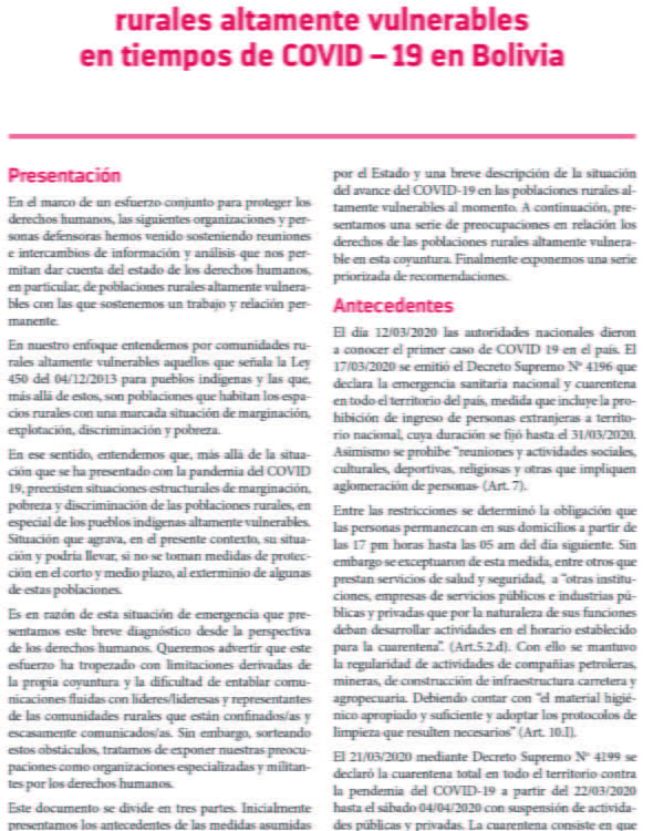 Derechos humanos de poblaciones rurales altamente vulnerables en tiempos de COVID19 en Bolivia Derechos humanos de poblaciones rurales altamente vulnerables en tiempos de COVID19 en Bolivia