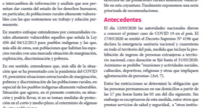 Derechos humanos de poblaciones rurales altamente vulnerables en tiempos de COVID19 en Bolivia Derechos humanos de poblaciones rurales altamente vulnerables en tiempos de COVID19 en Bolivia