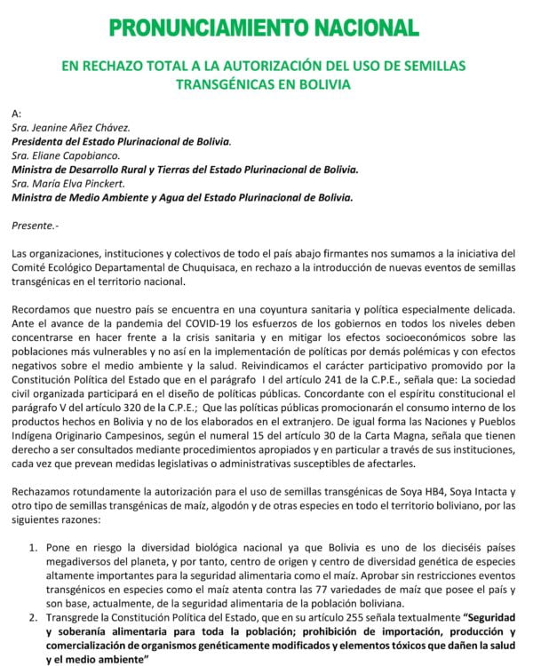 Pronunciamiento nacional en rechazo total a la autorización del uso de semillas trasngénicas en Bolivia (Mayo,2020)) Pronunciamiento nacional en rechazo total a la autorización del uso de semillas trasngénicas en Bolivia (Mayo,2020))
