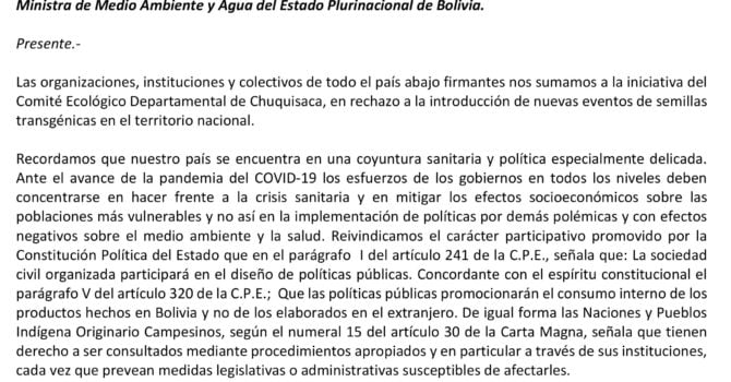 Pronunciamiento nacional en rechazo total a la autorización del uso de semillas trasngénicas en Bolivia (Mayo,2020)) Pronunciamiento nacional en rechazo total a la autorización del uso de semillas trasngénicas en Bolivia (Mayo,2020))