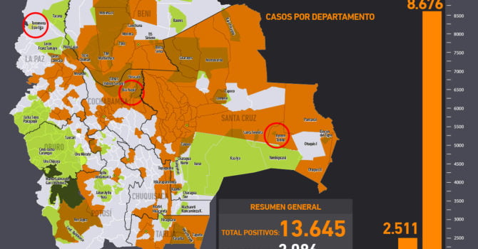 Mapa casos positivos de coronavirus y Tierras Comunitarias de Origen, TCOs (7.6.20) Mapa casos positivos de coronavirus y Tierras Comunitarias de Origen, TCOs (7.6.20)