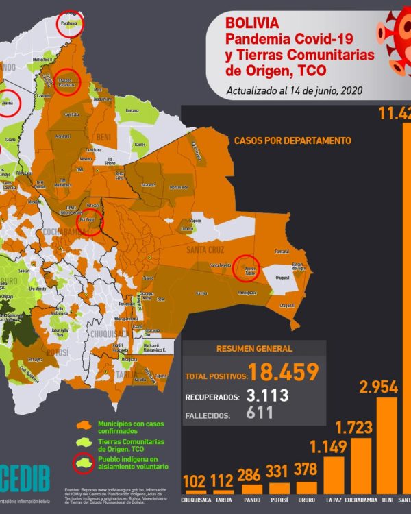 Mapa casos positivos de coronavirus y Tierras Comunitarias de Origen, TCOs (14.6.20) Mapa casos positivos de coronavirus y Tierras Comunitarias de Origen, TCOs (14.6.20)