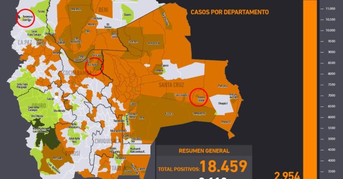 Mapa casos positivos de coronavirus y Tierras Comunitarias de Origen, TCOs (14.6.20) Mapa casos positivos de coronavirus y Tierras Comunitarias de Origen, TCOs (14.6.20)