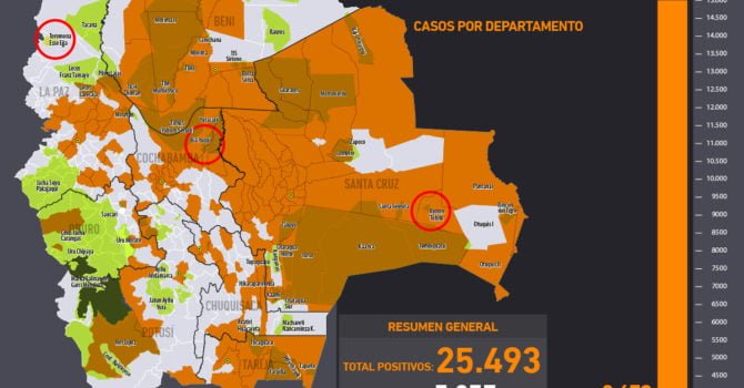 Mapa casos positivos de coronavirus y Tierras Comunitarias de Origen, TCOs (19.6.20) Mapa casos positivos de coronavirus y Tierras Comunitarias de Origen, TCOs (19.6.20)