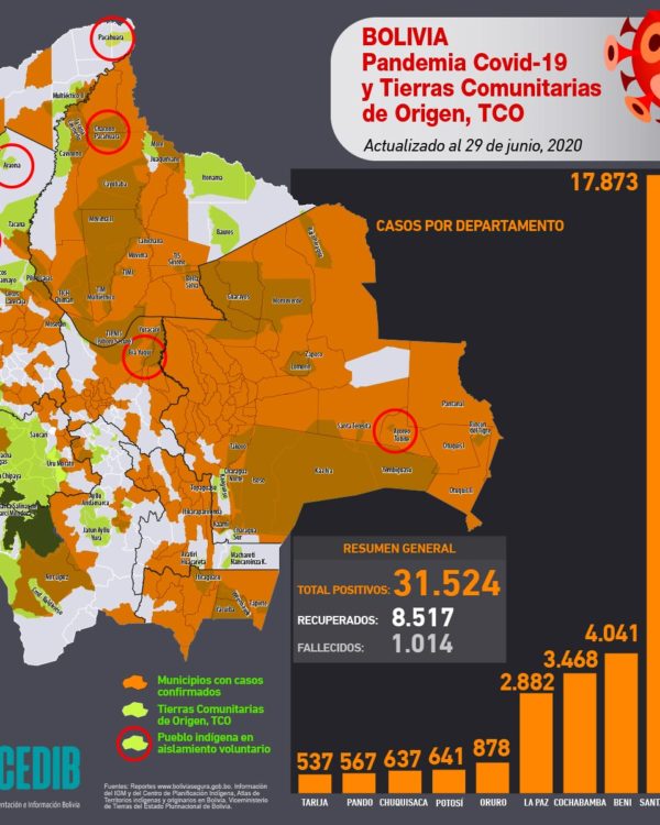 Mapa casos positivos de coronavirus y Tierras Comunitarias de Origen, TCOs (29.6.20) Mapa casos positivos de coronavirus y Tierras Comunitarias de Origen, TCOs (29.6.20)