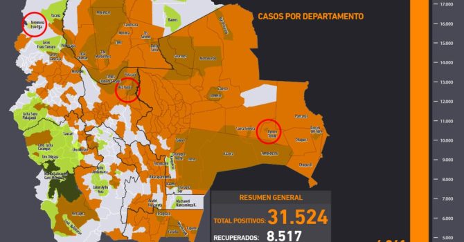 Mapa casos positivos de coronavirus y Tierras Comunitarias de Origen, TCOs (29.6.20) Mapa casos positivos de coronavirus y Tierras Comunitarias de Origen, TCOs (29.6.20)