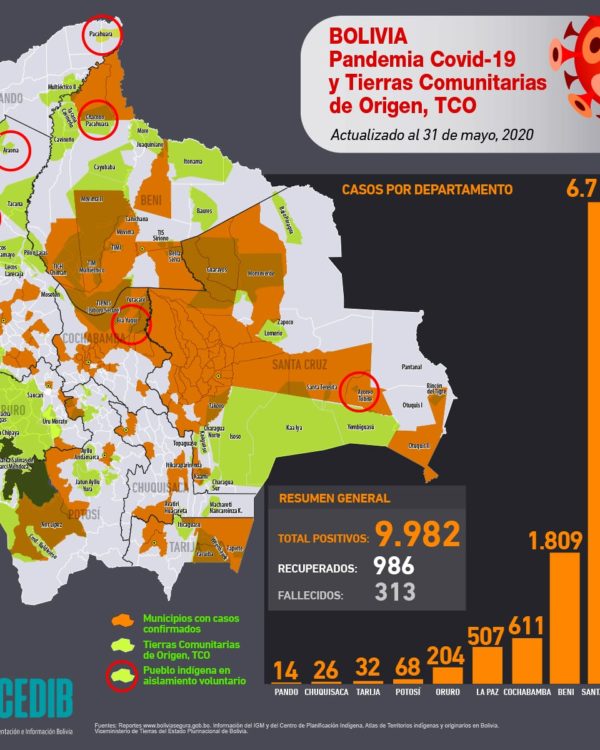 Mapa casos positivos de coronavirus y Tierras Comunitarias de Origen, TCOs (31.5.20) Mapa casos positivos de coronavirus y Tierras Comunitarias de Origen, TCOs (31.5.20)