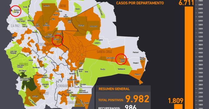 Mapa casos positivos de coronavirus y Tierras Comunitarias de Origen, TCOs (31.5.20) Mapa casos positivos de coronavirus y Tierras Comunitarias de Origen, TCOs (31.5.20)