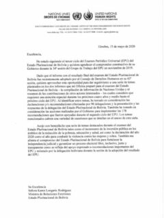 Carta de Bolivia Alta Comisionada ONU para los Derechos Humanos a la Cancillería de Bolivia en relación al Examen Periódico Universal
