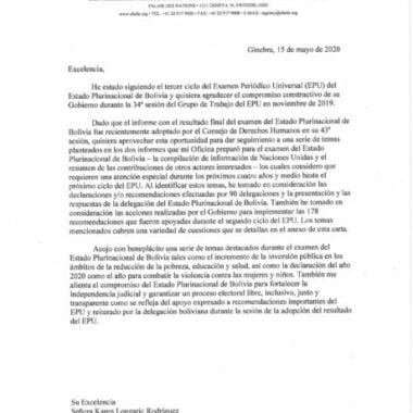Carta de Bolivia Alta Comisionada ONU para los Derechos Humanos a la Cancillería de Bolivia en relación al Examen Periódico Universal