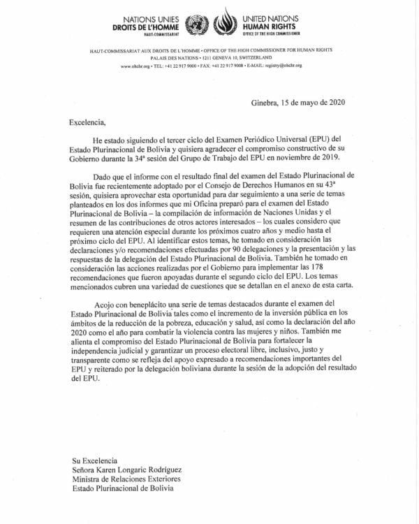 Carta de Bolivia Alta Comisionada ONU para los Derechos Humanos a la Cancillería de Bolivia en relación al Examen Periódico Universal Carta de Bolivia Alta Comisionada ONU para los Derechos Humanos a la Cancillería de Bolivia en relación al Examen Periódico Universal