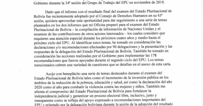 Carta de Bolivia Alta Comisionada ONU para los Derechos Humanos a la Cancillería de Bolivia en relación al Examen Periódico Universal Carta de Bolivia Alta Comisionada ONU para los Derechos Humanos a la Cancillería de Bolivia en relación al Examen Periódico Universal