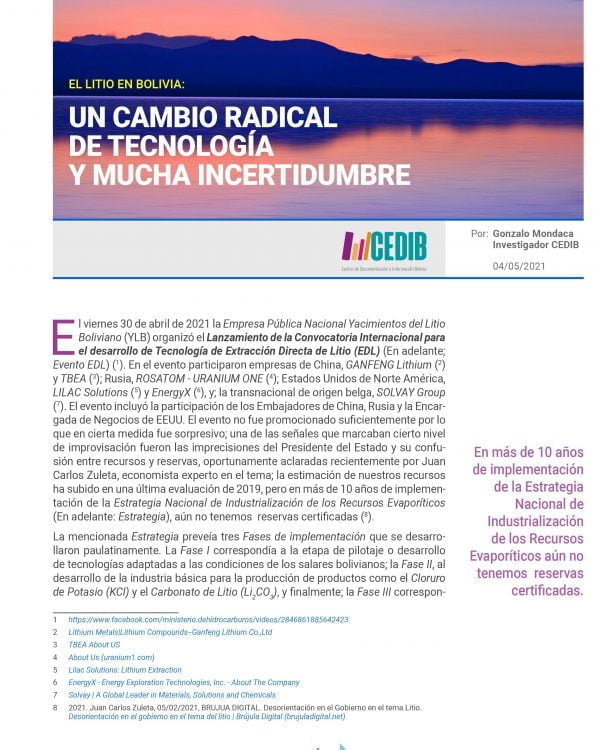 El litio en Bolivia: un cambio radical de tecnología y mucha incertidumbre El litio en Bolivia: un cambio radical de tecnología y mucha incertidumbre