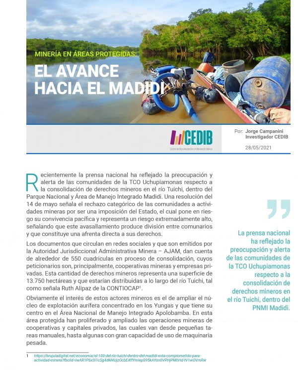 Minería en áreas protegidas: El avance hacia el Madidi Minería en áreas protegidas: El avance hacia el Madidi