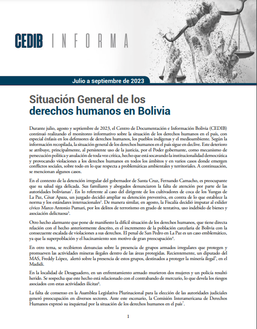 Cedib Informa | Reporte de Derechos Humanos en Bolivia julio a septiembre 2023