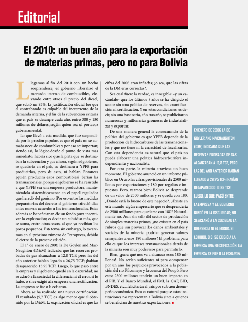 Petropress 23 Editorial | El 2010 un buen año para la exportación de materias primas pero no para Bolivia