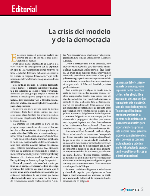 Petropress 35 Editorial | La crisis del modelo y de la democracia