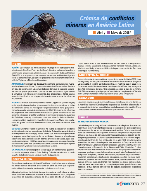 Petropress 10 | Cronología de conflictos mineros en América Latina Abril a mayo 2008