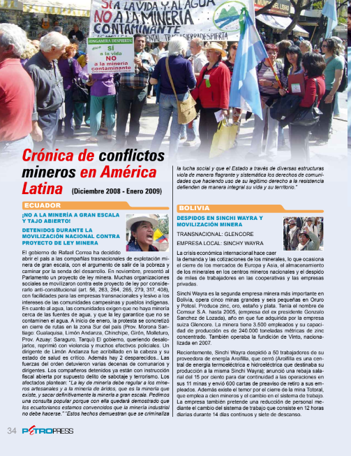 Petopress 13 | Cronología de conflictos mineros en América Latina Diciembre 2008 a enero 2009