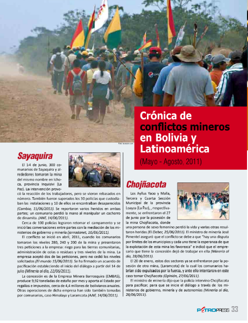 Petropress 26 | Cronología de conflictos mineros en Bolivia y en Latinoamérica Mayo a agosto 2011