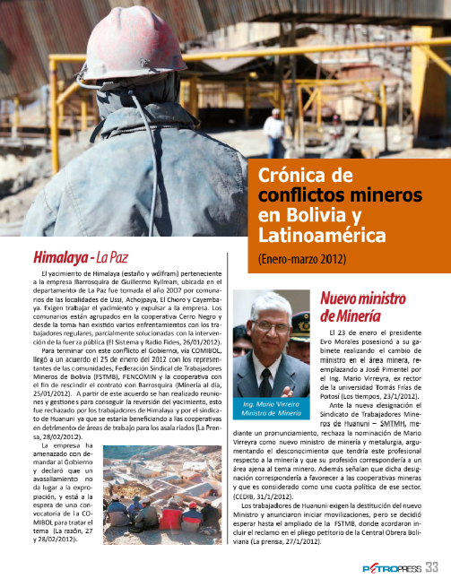 Petropress 28 | Cronología de conflictos mineros en Bolivia y Latinoamérica Enero a marzo 2012