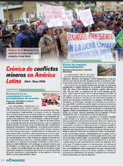 Petropress 15 | Cronología de conflictos mineros en América Latina abril a mayo 2009