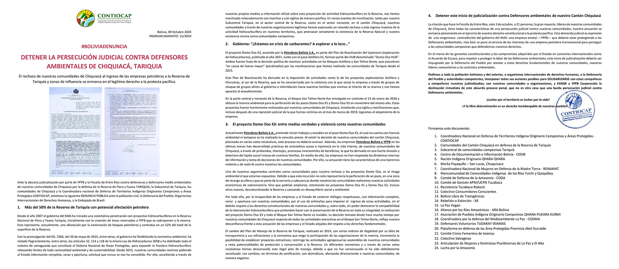 Pronunciamiento para detener la persecución judicial contra defensores de Chiquiacá.