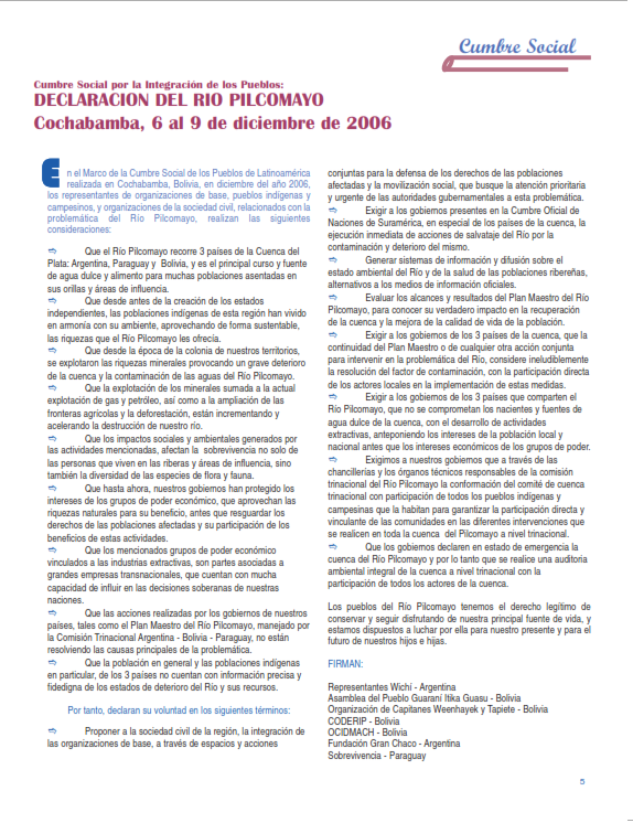 Petropress 5 | Declaración del río Pilcomayo Cochabamba diciembre 2006