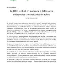 Nota de prensa | La CIDH recibirá en audiencia a defensores ambientales criminalizados en Bolivia