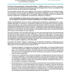 Pronunciamiento sobre el Decreto Supremo que pretende reglamentar el inciso c, parágrafo III del artículo 93 de Ley 535 de Minería y Metalurgia