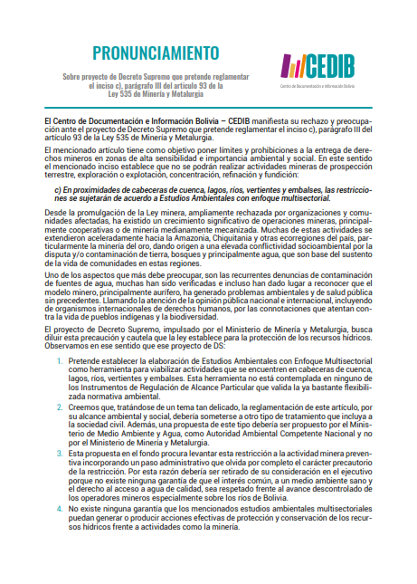 Pronunciamiento sobre el Decreto Supremo que pretende reglamentar el inciso c, parágrafo III del artículo 93 de Ley 535 de Minería y Metalurgia